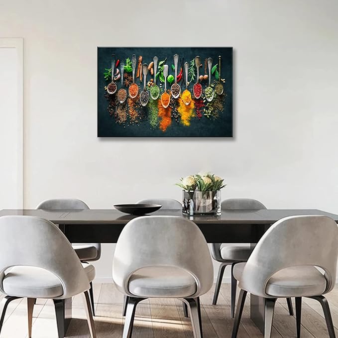 Framed Large Kitchen Wall art Pictures Decor Couful Spice in Spoon Vintage - Image 2