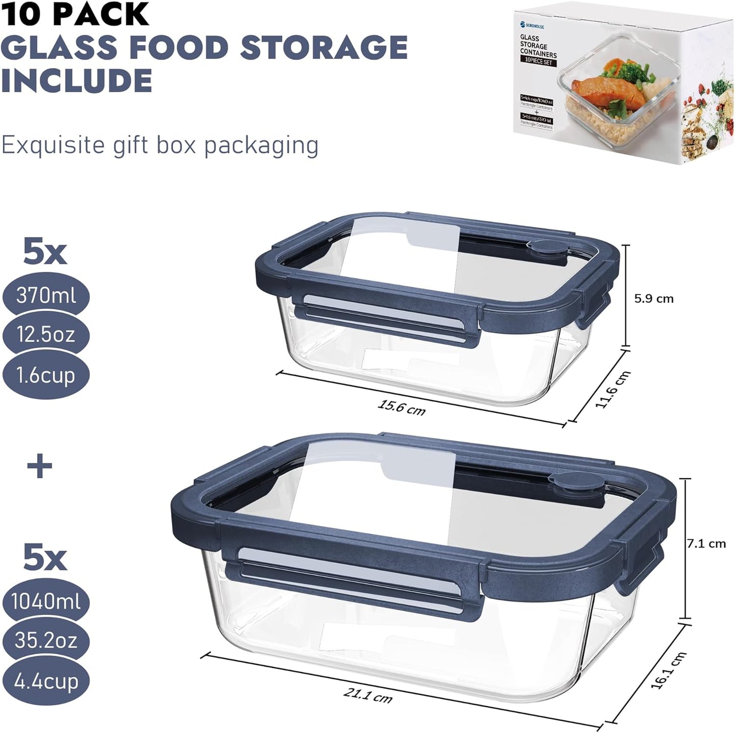10-Pack Glass Food Storage Containers with Tempered Lids – Borosilicate, Airtight, Oven-Safe (-4°F~950°F), BPA-Free, 4.4 & 1.6 Cup, Leak-Proof, Dishwasher Safe (Blue)