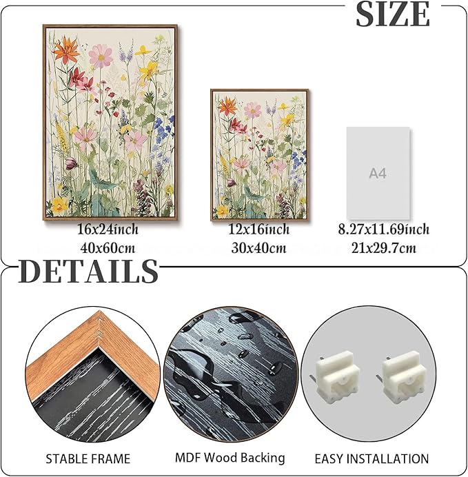 KISSFOX 3 Piece Watercolor Wildflower Botanical Framed Wall Art Colorful Floral - Image 3