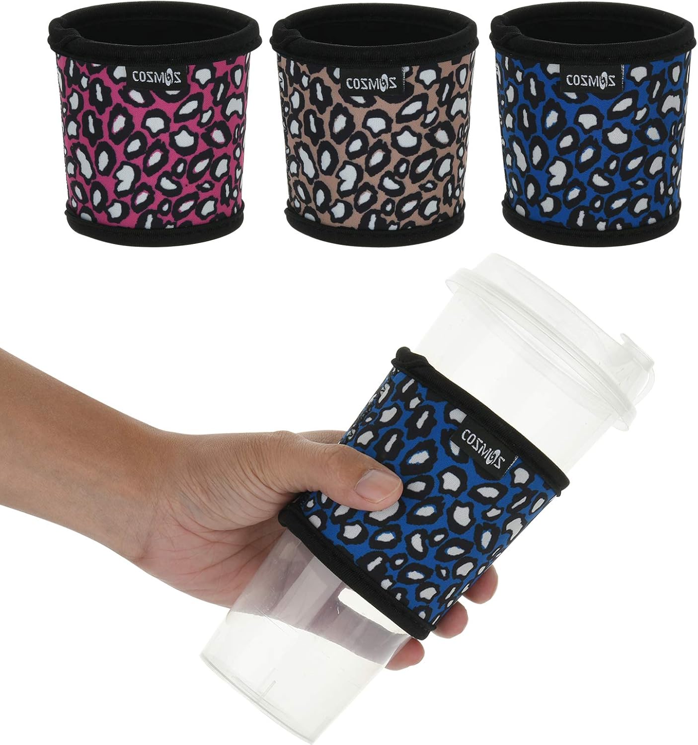 CM Reusable Coffee Mug Sleeve Cover Heat Resistant Neoprene Insulator Sleeve for Coffee Tea Hot Cold Beverage (Leo Print Patterns - Blue, Pink, Kakki - Pack of 3)
