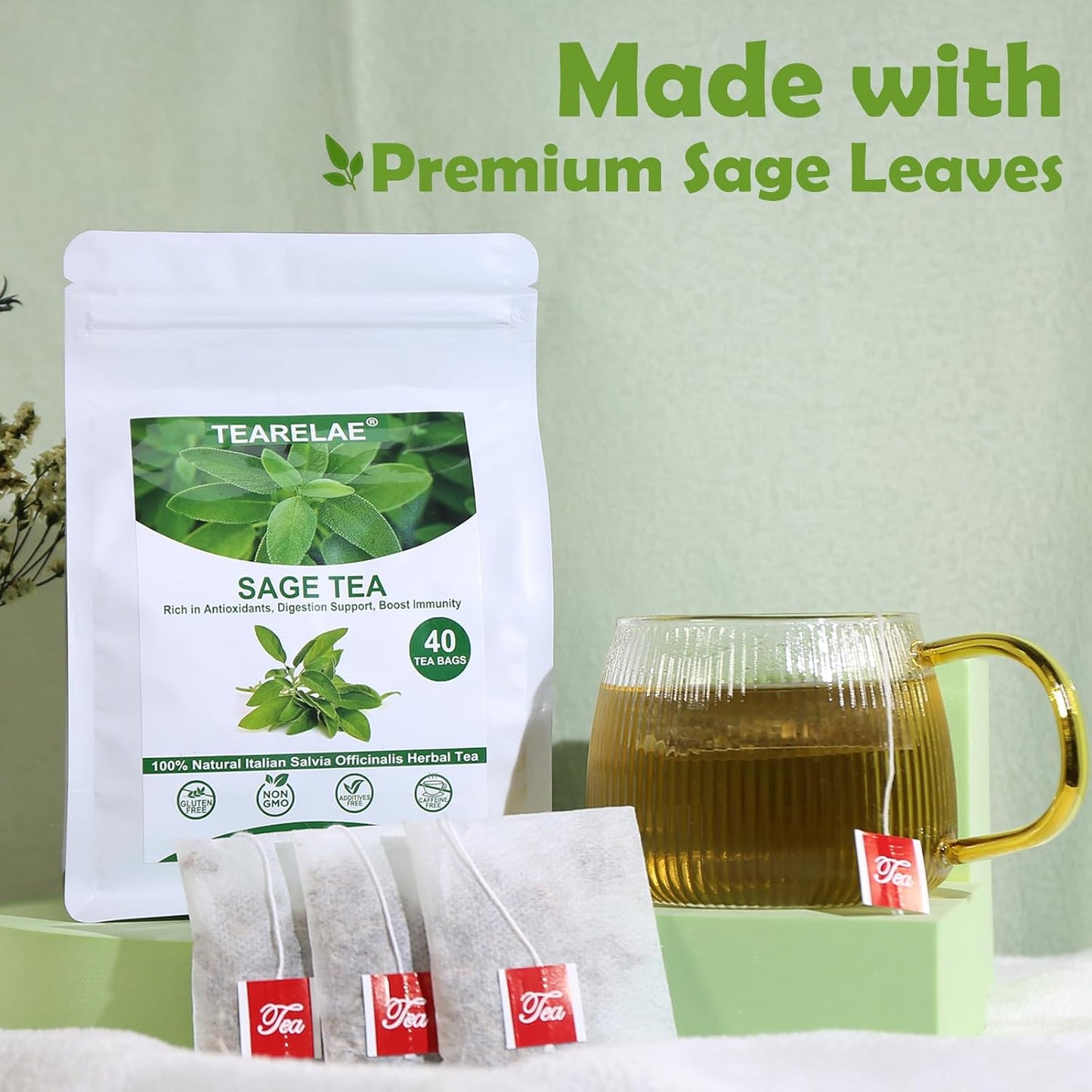 TEARELAE - Premium Sage Leaf Tea Bags - 1.5g x 40 Count - Natural Cut & Sifted Sage Herb Salvia Officinalis - Non-GMO - Caffeine-free - Digestion Support & Breath Support