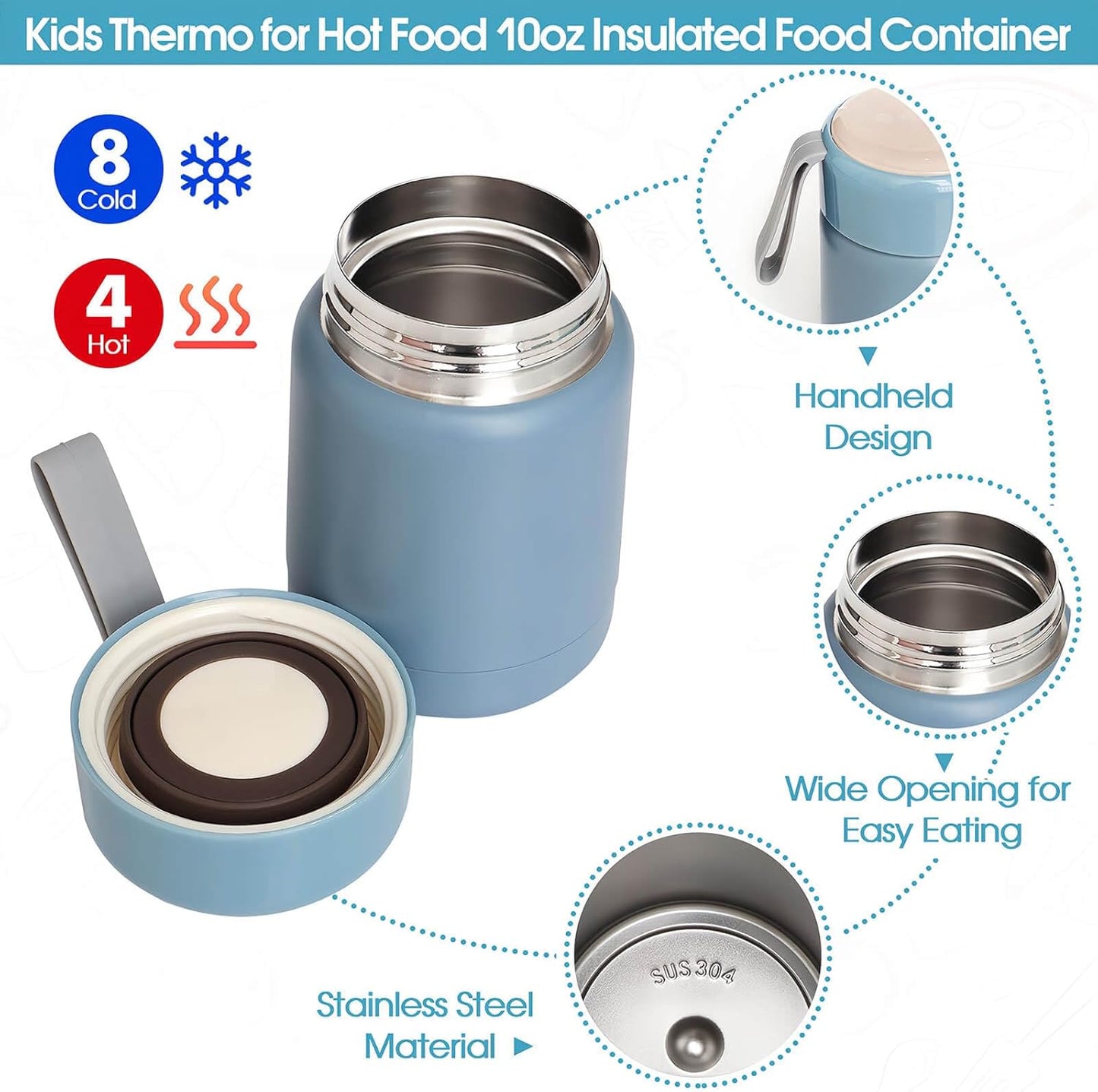 Kids Lunch Bag with 10oz Thermos, with 6 Compartment Bento Box, Blue Nylon Insulated Preppy Lunch Box Adjustable Strap Birthday Gift for Girl Kids Teens Picnic School Travel