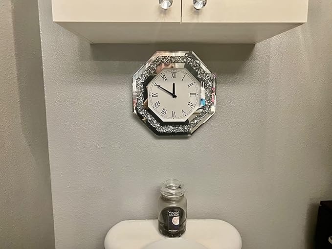 Wall Clock, Octagon Mirror Glass Clock, Cute Diamond 12-inch Non-Ticking Clock - Image 3