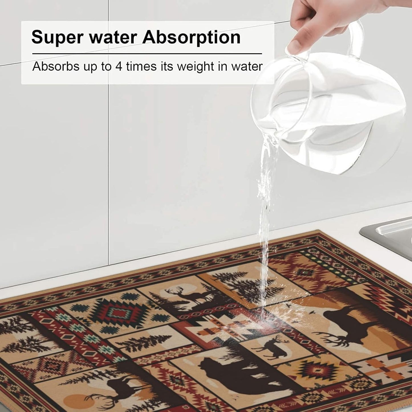 Western Wildlife Geometric Dish Drying Mat for Kitchen Counter, Absorbent Microfiber Washable Drying Pad for Dishes, Absorption, Foldable, Decorative Rustic Kitchen Mat for Sink, Home Decor, 18" x 24"