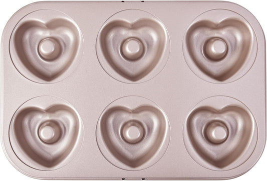 Heart Donut Pan, 6 Cavity Donut Mold Heavy Duty Steel Non-stick Heart Shaped Bund Pans Pattern Doughnut Bakeware for Oven Baking (Champagne Gold)