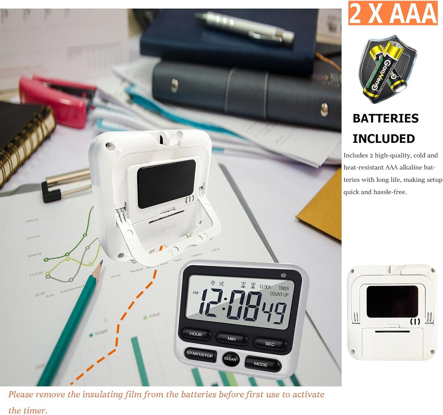 Digital Dual Kitchen Timer with Strong Magnet,24-Hour Countdown & Stopwatch,Loud Alarm,12/24 Hour Clock Switch,Calendar,Visual Indicator Light,Mute Option,3 Placement Options (Batteries Included)