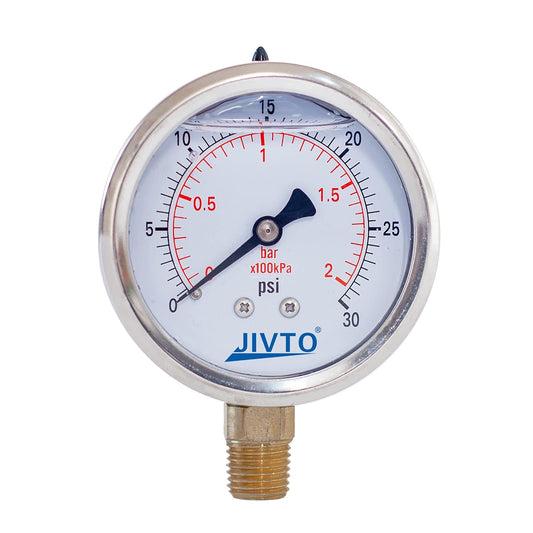 Pressure Gauge,Glycerin Liquid Filled,2-1/2" Dual Scale Dia,0-30 psi/bar/kpa,1/4" NPT Male Brass Connection,Lower Mount, Stainless Steel Case,for Pneumatic,Pump,Hose,Well Tank,Gas Air Water Oil