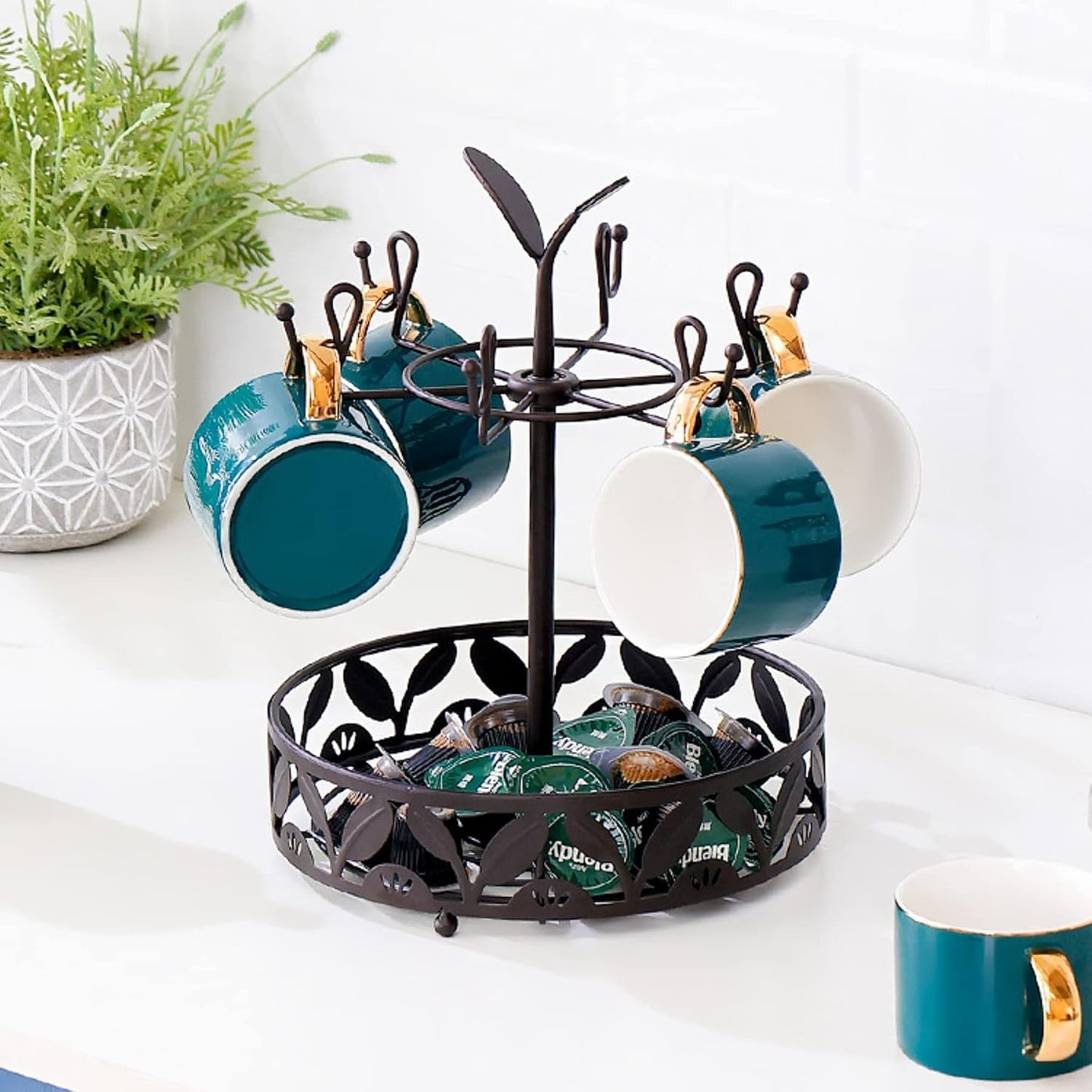 Coffee Mug Holder with Coffee Pod Basket Storage, Rotatable 6-capacity Cup Mug Holder Tree, Coffee Counter Bar Accessory & Kitchen Organizer