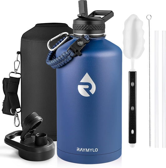 One Gallon Water Bottle Insulated, Triple Walled Vacuum Stainless Steel (Cold for 48 Hrs), Leak Proof & Non-BPA, Large Water Flask Jug with Paracord Handle & Straw Spout Lids