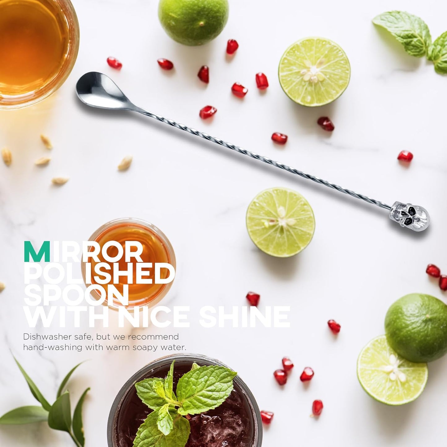 Homestia Bar Spoon Cocktail Mixing Spoon, 12-Inches Long Handle Stainless Steel Cocktail Stirrers, Spiral Design with Skull End Cocktail Spoon for Bartender Drinks, Home Use, Halloween Party