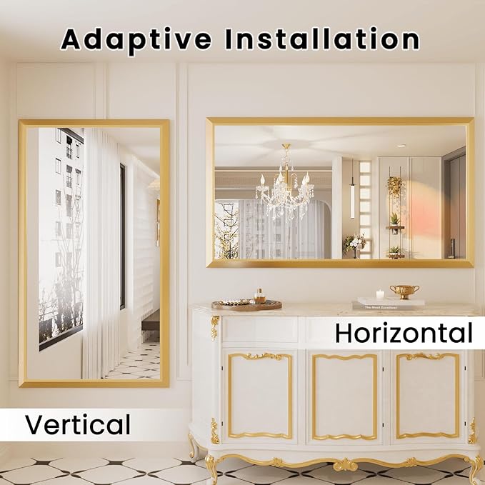 Amorho Bathroom Mirror, 60x36 Inch Golden Thick Metal Framed Wall Mirrors - Image 4