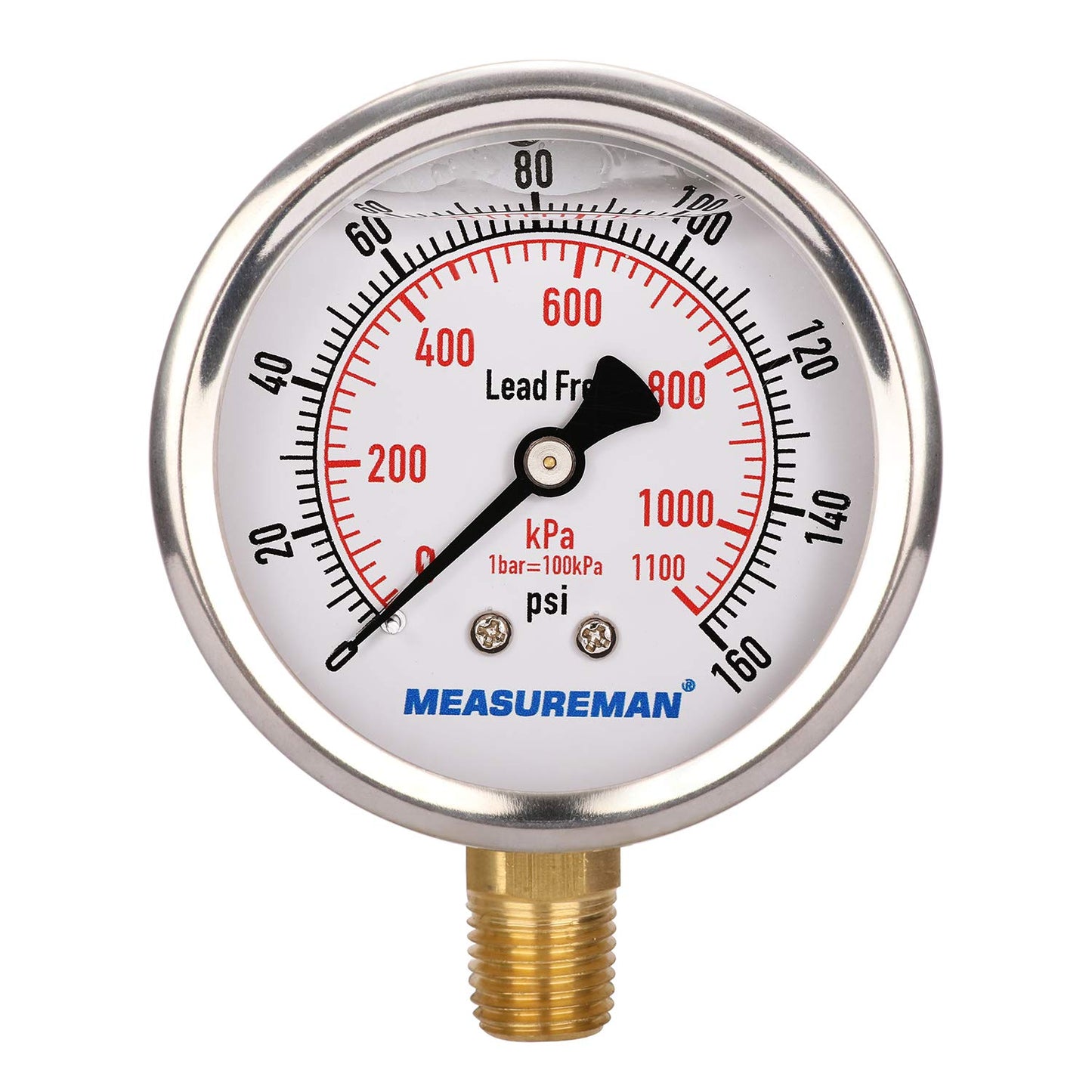 MEASUREMAN Lead-Free Pressure Gauge, 2-1/2inch Dial, Glycerin Filled, 0-160psi/kpa, Stainless Steel Case, 1/4inchNPT Lower Mount