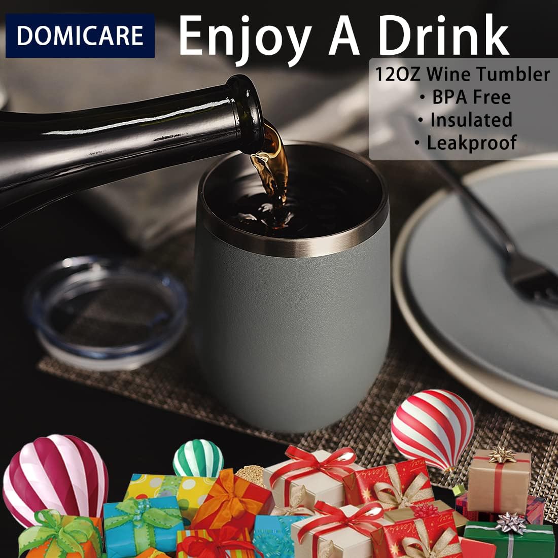 DOMICARE Stainless Steel Wine Tumbler Bulk with Lid, Personalized Insulated Tumblers Set, 12oz Travel Coffee Cups Pack of 8, Gray