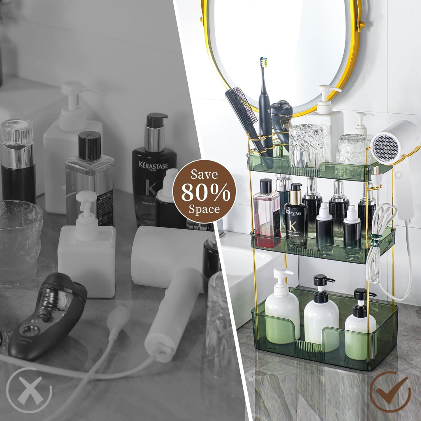 YCIA&DONE Bathroom Counter Organizer, Large Makeup Organizer Countertop, Shelf Storage, Vanity Tray, Easily Assemble for Bathroom Organizers and Storage, Undersink, Cabinet, 3 Tiers Green