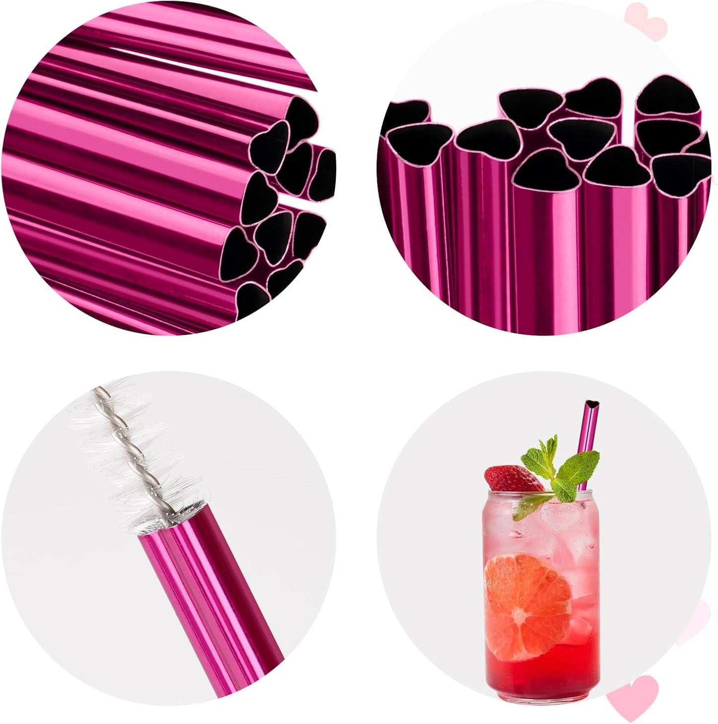 NiHome 16-Pack Heart-Shaped Stainless Steel Drinking Straws with 2 Cleaning Brushes, 8.5" Long Reusable Straws for Stanley Tumbler 14oz, Dishwasher Safe, Safe Edges for Kids (Pearl Hot Pink)