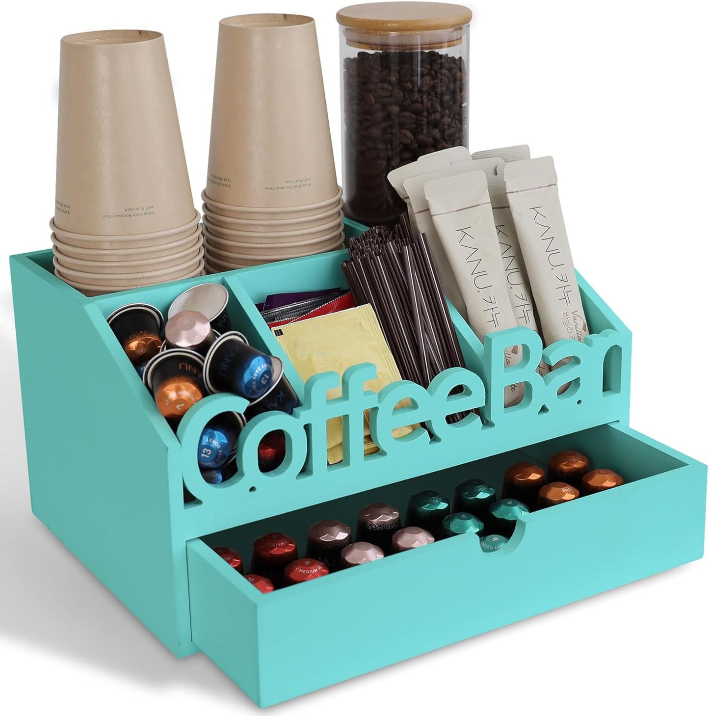 Coffee Bar Organizer for Countertop – Wooden Coffee Station with Black Drawer, Tea and K Cup Storage Rack, Coffee Pod Holder for Home and Office Counter Organization (Drawer - Turquoise)