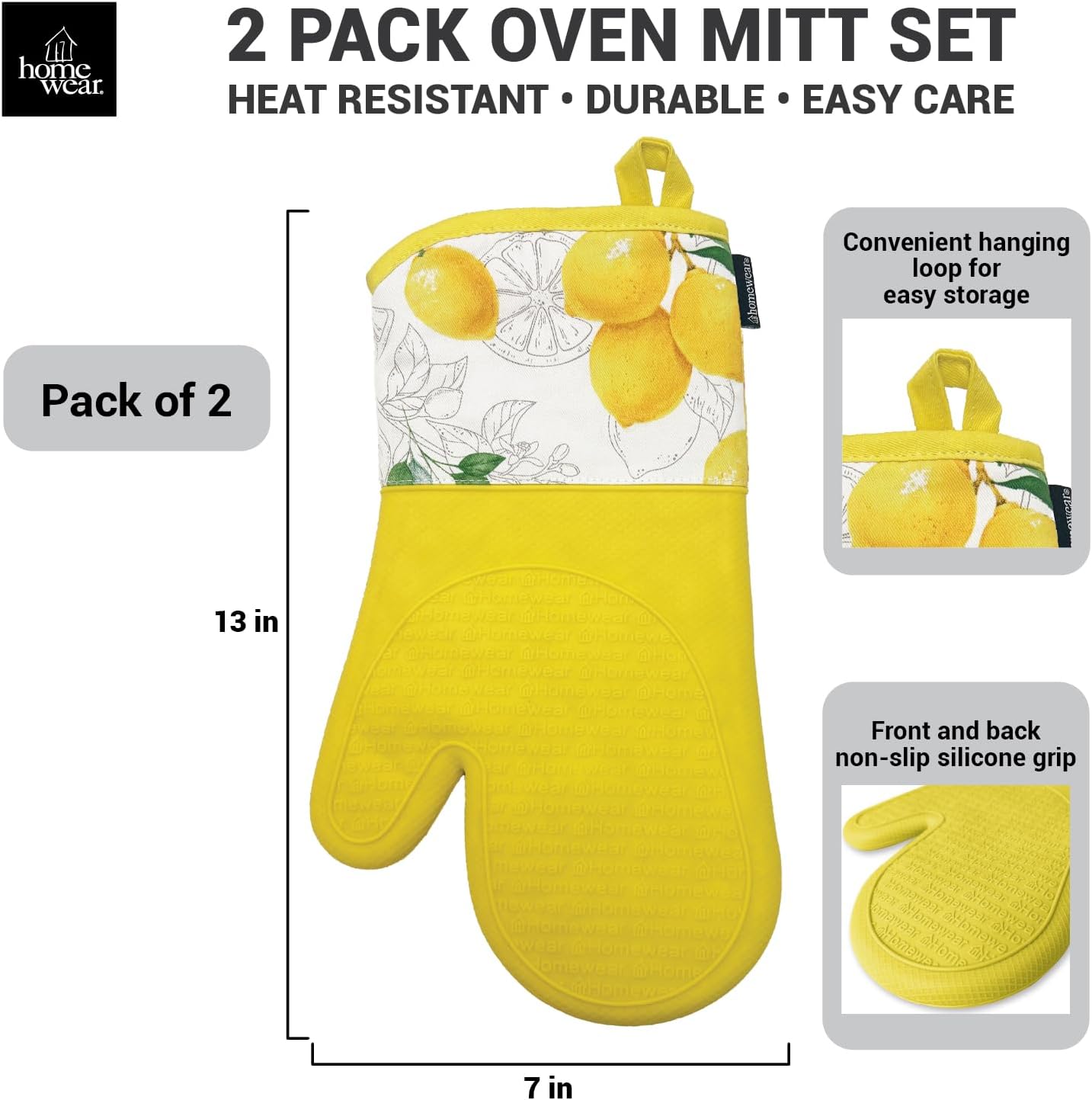 Delaney Silicone Oven Mitts Set - Extra Long, Heat Resistant Kitchen Gloves, Non-Slip Holders for BBQ, Baking, Cooking Essentials, Yellow Citrus, Kitchen Decor, Oven Gloves, New Home Gifts
