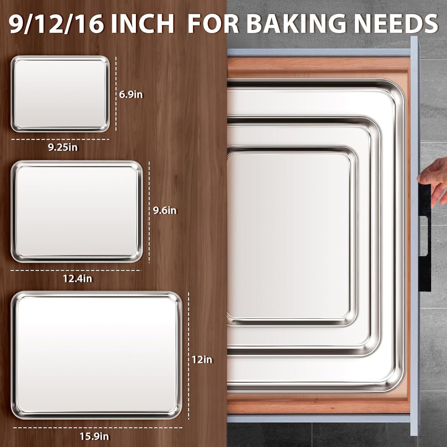 Stainless Steel Cookie Sheets, Baking Sheet Pan Set of 3, Non Stick and Heavy Duty and Easy Clean, 9/12/16 Inch