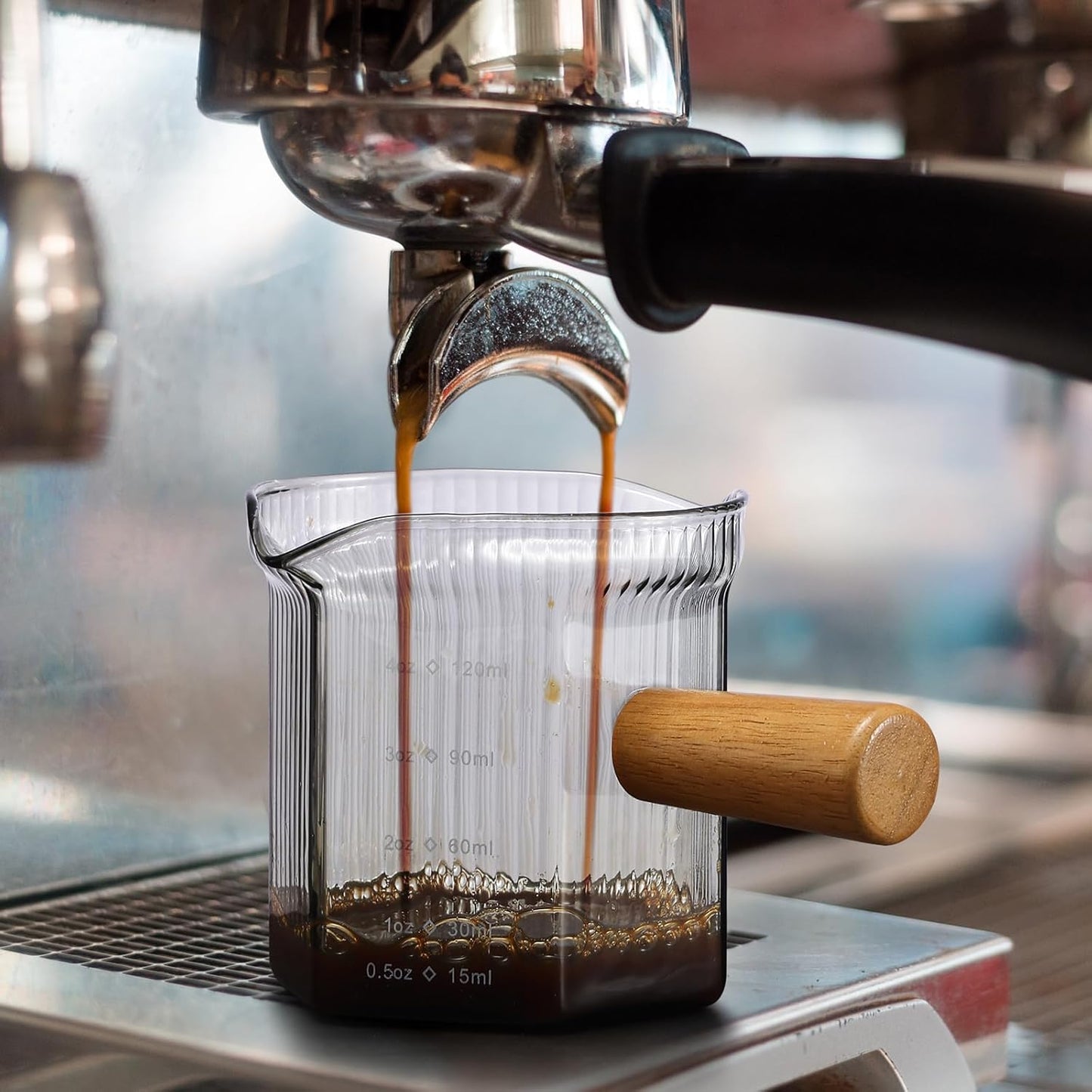 Espresso Cups 4 OZ, Double V-Shaped Spouts Cups, Espresso Shot Glasses with Wood Handle, Ribbed Milk Measuring Cup