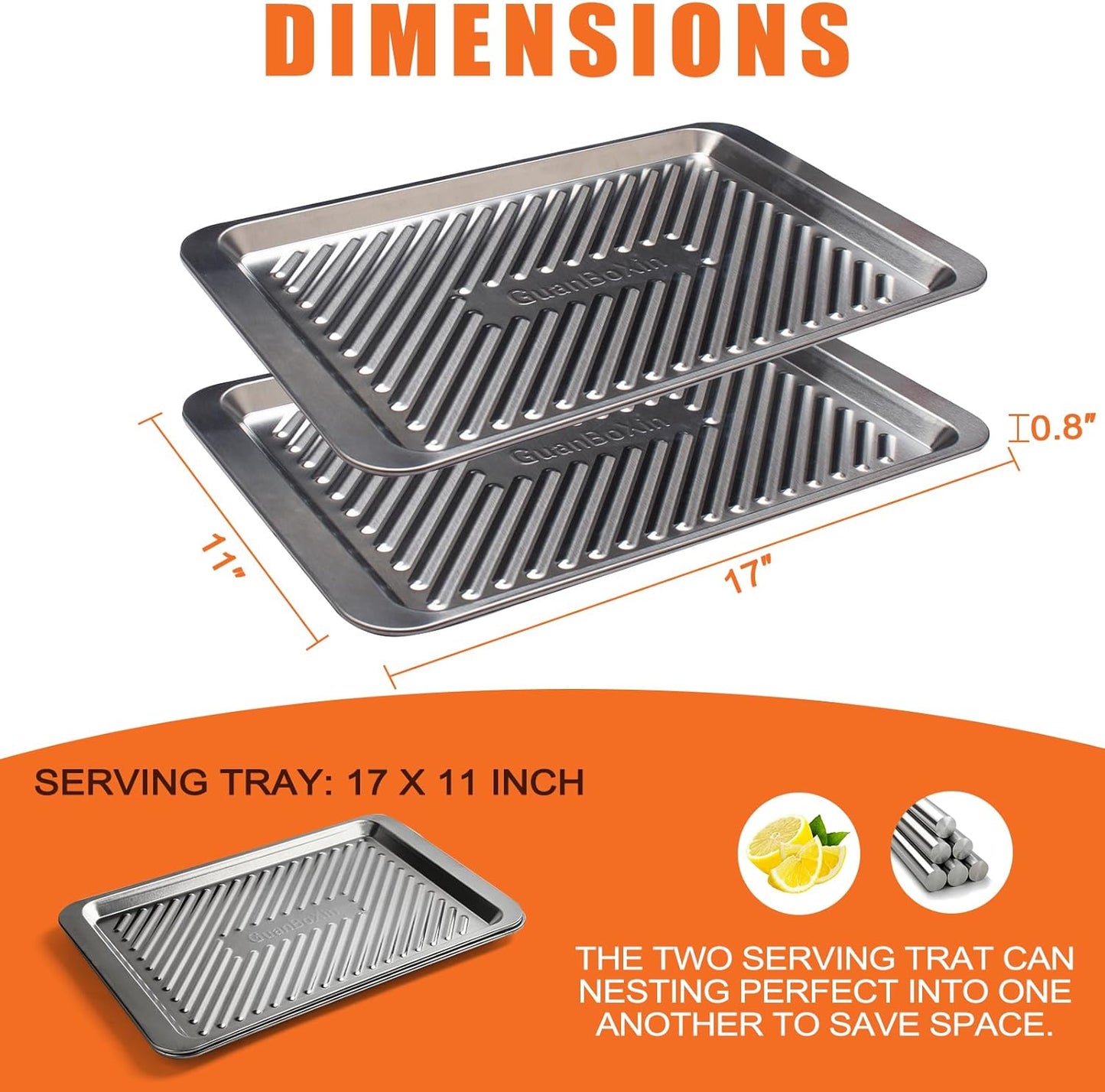 Grilling Prep and Serve Trays Set of 2 Stackable Stainless Steel BBQ Trays Marinating Tray Food Serving Platter for Cooked and Raw Meat BBQ Prep Tub Dishwasher Safe