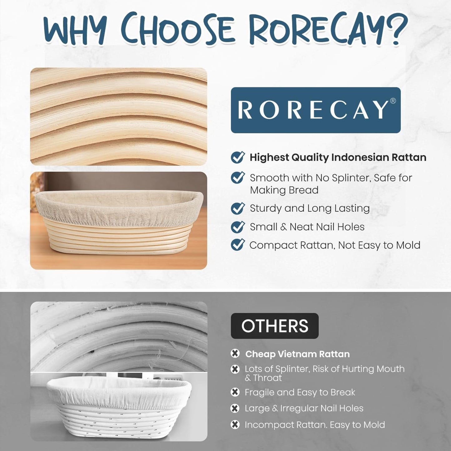 rorecay Banneton Bread Proofing Basket Sourdough Bread Baking Supplies, 9 Inch Round + 10 Inch Oval Proofing Bowls with Dough Whisk Bread Lame Dough Scraper Bread Making Tools and Accessories Set