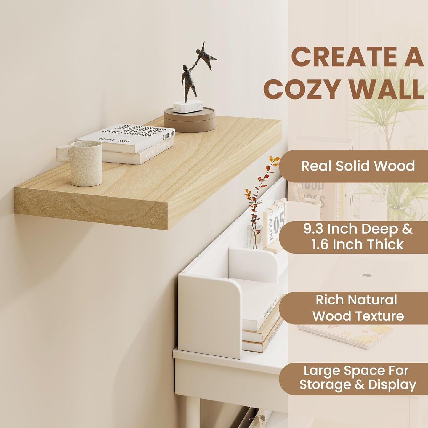 Fun Memories Deep Floating Shelves 30 Inch Long, Natural Wood Floating Shelf for Wall, Set of 2, Rustic 9 Inch Deep Wall Shelves, Deep Bathroom Shelves for Storage & Display, Burlywood