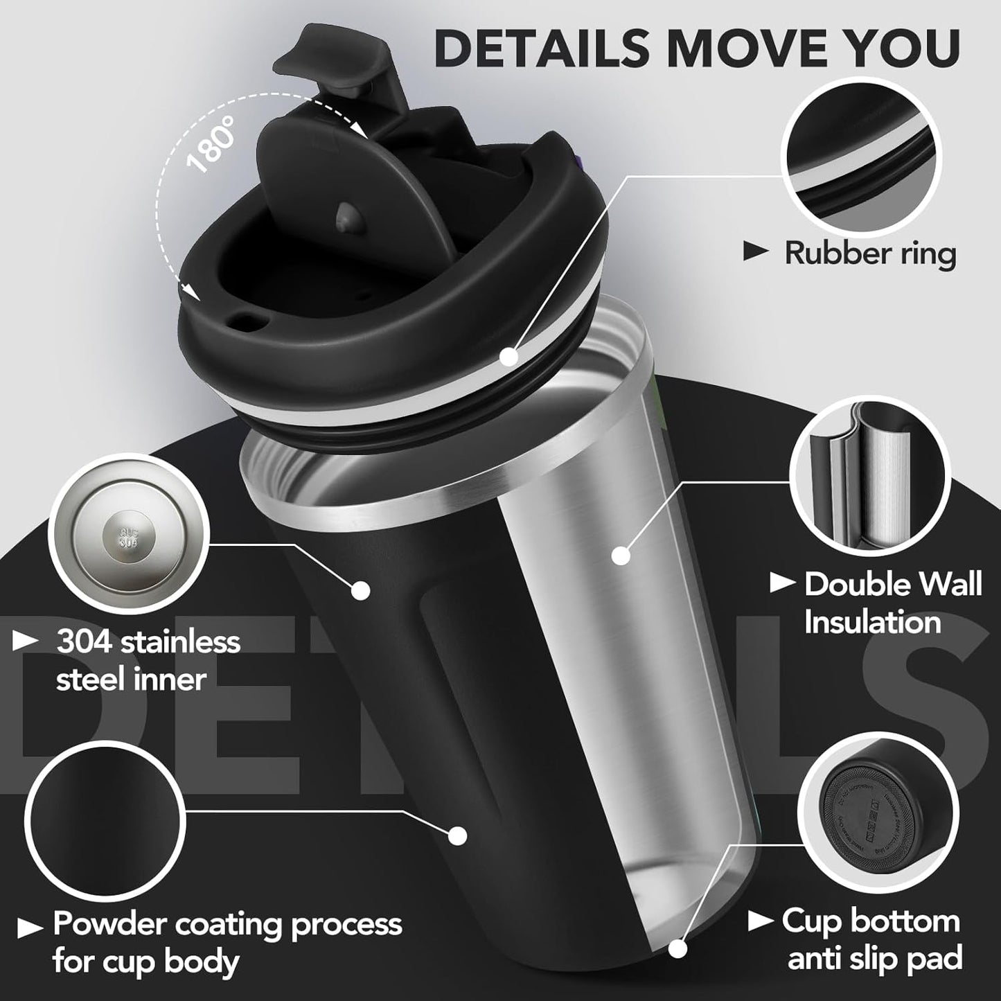 Volhoply 12 oz Double Wall Insulated Vacuum Travel Coffee Mug with Flip Lid Bulk 8 Pack,Reusable Stainless Steel Leak Proof Coffee Cup,Portable Cafe Thermal Tumblers for Hot & Cold Drinks(Black,8 Set)