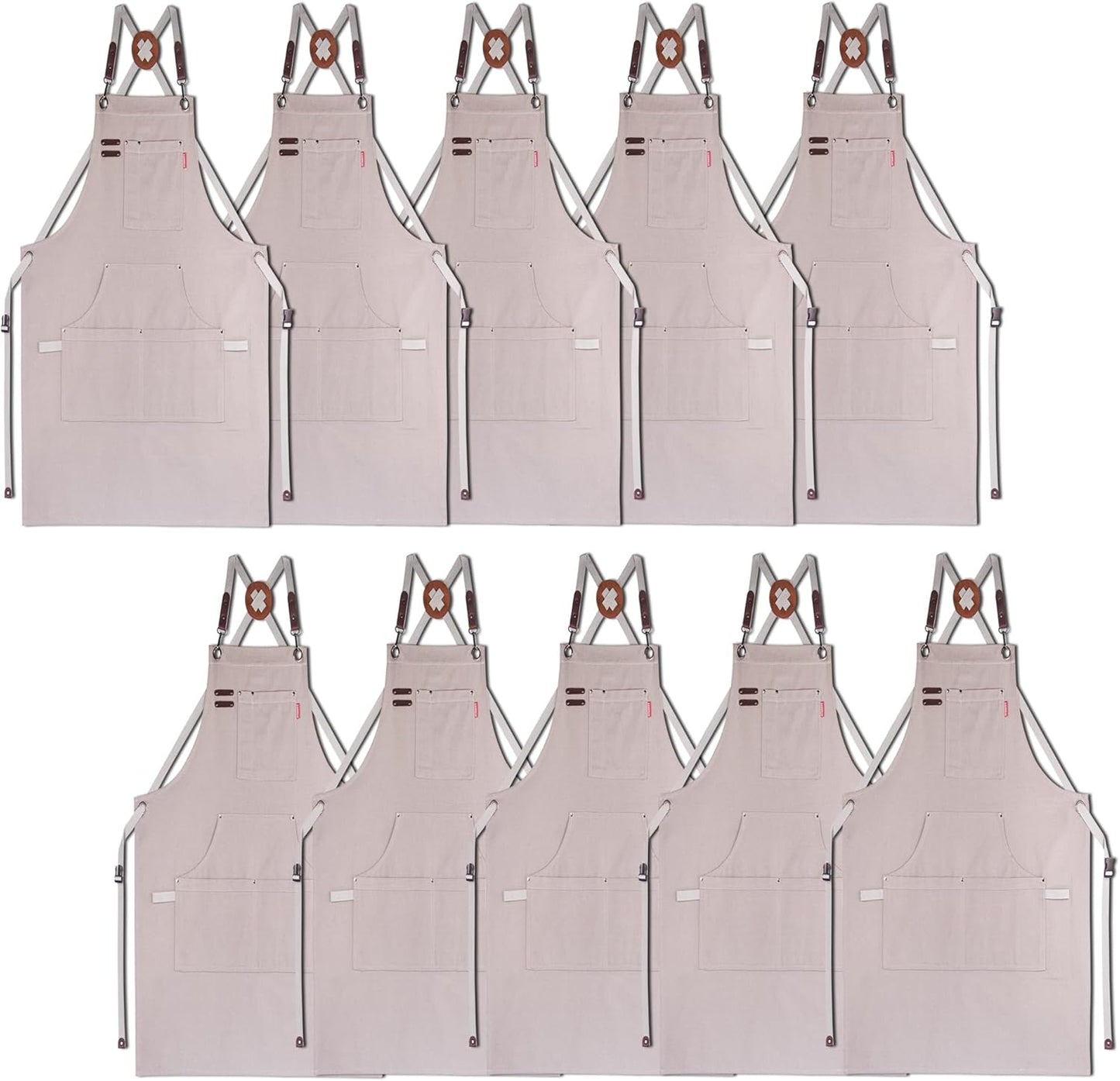 10 Pack Kitchen Aprons, Work Apron, Canvas, Multiple Pockets, Gardening, Painting, BBQ, Artist, Carpenter, Sizes M to XXL, Grey
