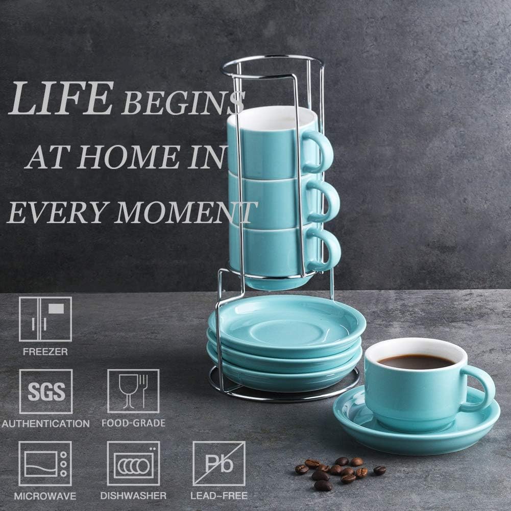 Sweejar Porcelain Espresso Cups with Saucers, 4 Ounce Stackable Cappuccino Cups with Metal Stand for Coffee Drinks, Latte, Tea - Set of 4 (Turquoise)