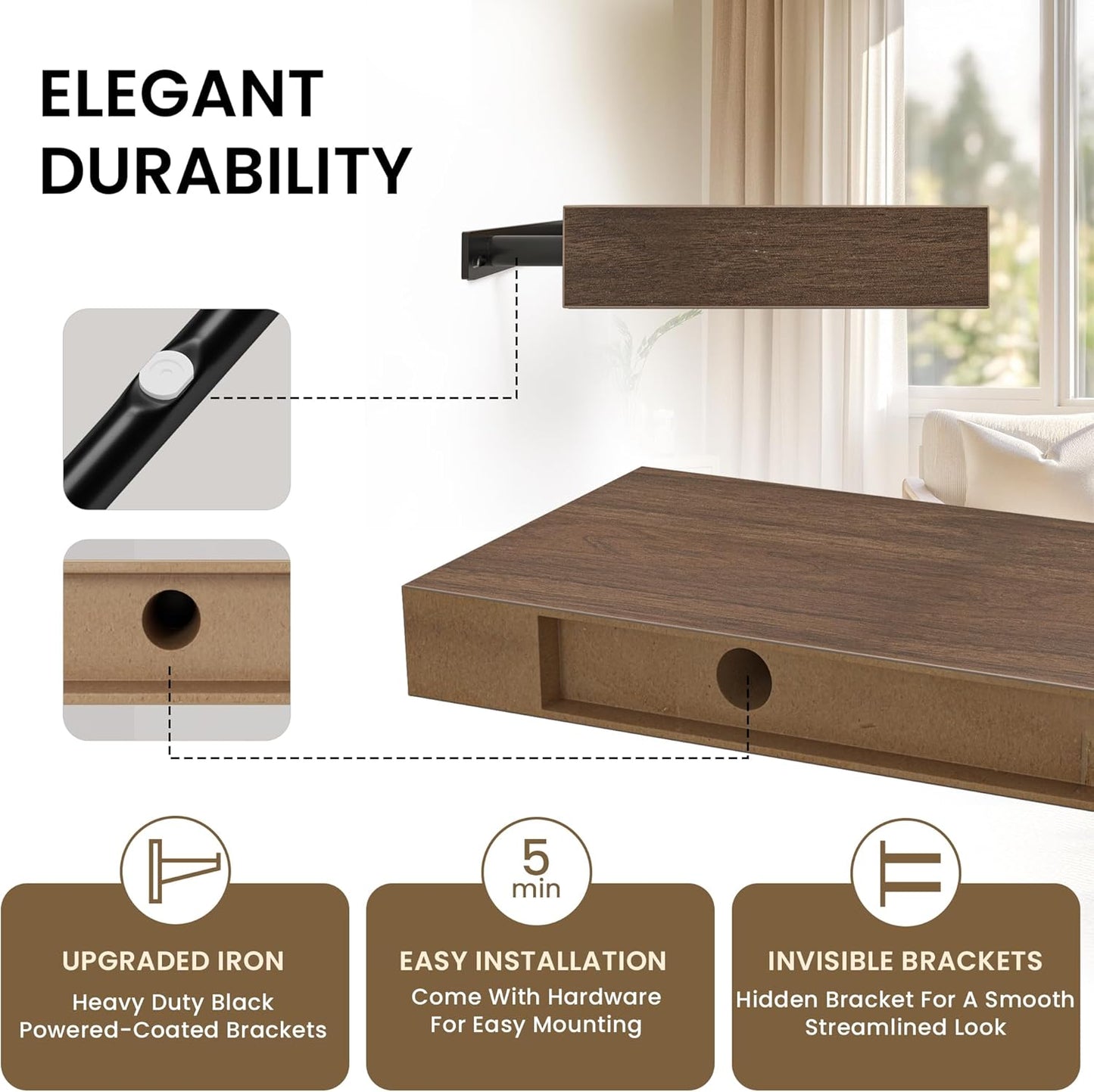 Floating Shelves for Wall, 24" W x 6.7" D x 1.5" H, Wooden Wall Mounted Display Shelves with Invisible Brackets for Living Room, Bedroom, Bathroom, Kitchen Decor and Storage, Set of 2, Walnut