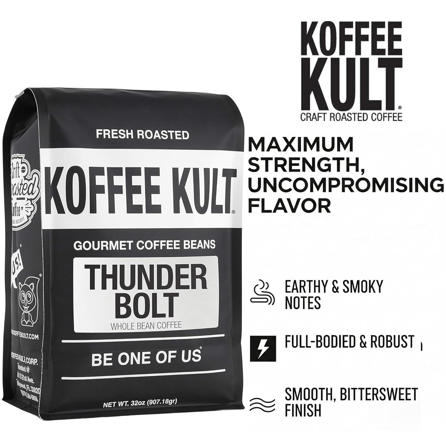 Koffee Kult Thunder Bolt Dark French Roast Whole Bean Coffee - Small Batch 100% Arabica Gourmet Blend, Bold and Well Balanced 32oz Resealable Package