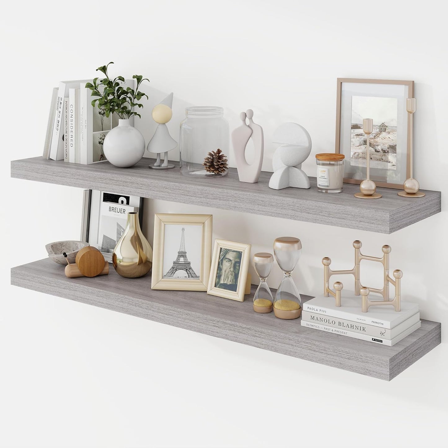 40 Inch Floating Shelves, 9.3" Deep Floating Shelf Wall Mounted, 40" Wall Shelves, Rustic Deep Bookshelf, Large Display Shelves & Storage Shelves for Bedroom, Living Room, Gray, Set of 2