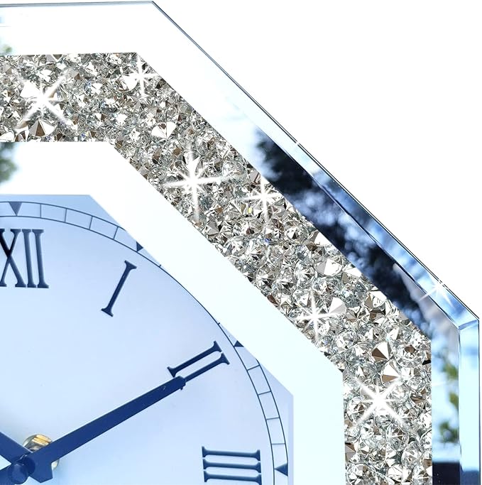 Wall Clock, Octagon Mirror Glass Clock, Cute Diamond 12-inch Non-Ticking Clock - Image 4
