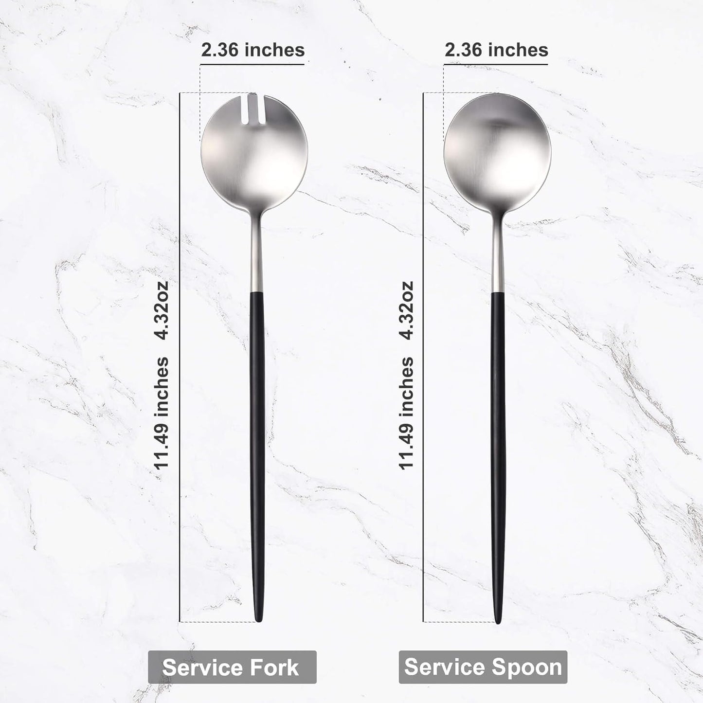 Lemeya Silver Black Salad Serving Utensils,Serving Spoons Stainless Steel,2Pcs Long Handle Salad Servers 11.42 Inch,Salad Utensils for Serving,Matte Finish,Dishwasher Safe