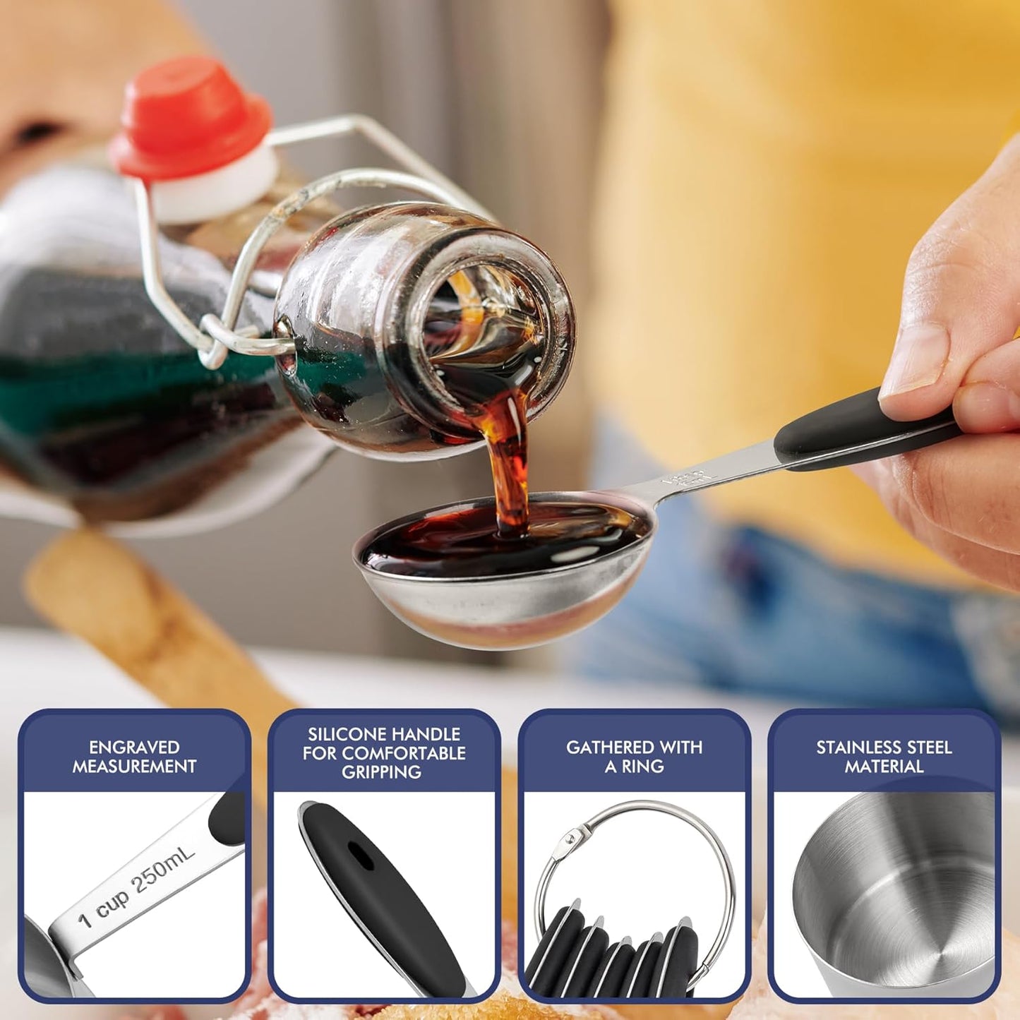 HOTEC 10-PACK Measuring Cups &Spoons Set, Kitchen Gadagets Cooking Baking,Heavy Duty & Dishwasher Safe for Dry and Liquid Ingredients,Black