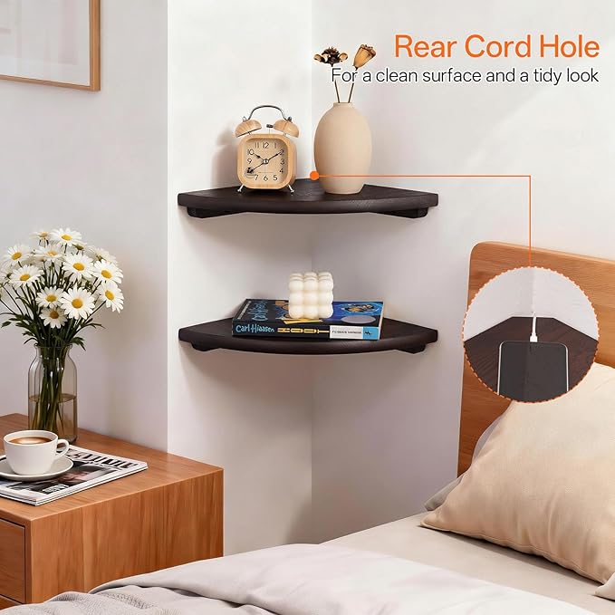 Gieanoo Floating Corner Shelves Set 2 16inch Walnut Solid Oak Rounded Corner - Image 6