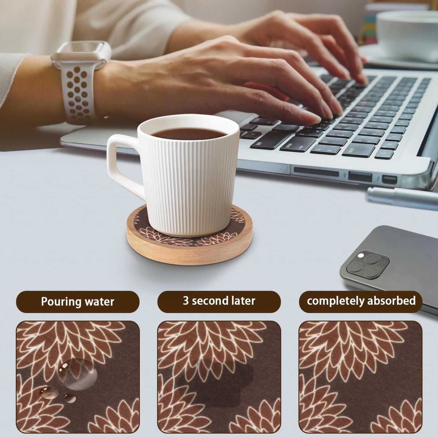 Wood Coasters Set of 6 with Holder, Cewiru Cup Mat for Drinks, Absorbent Coasters with Felt Insert for Coffee Table Protection, Modern Style Home Dining Table Decor, 4.3" Brown