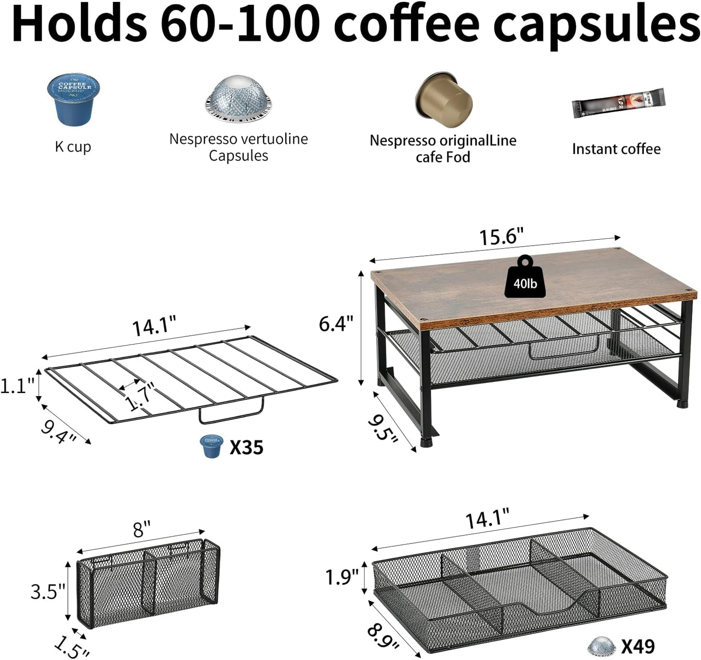 Spacrea K Cup Holder Organizer, Coffee Pod Holder for Countertop with 2 Tier Sliding Storage Drawer and Coffee Accessories Holder, 63 Large Capacity or 80 Small Capsules, Home Kitchen