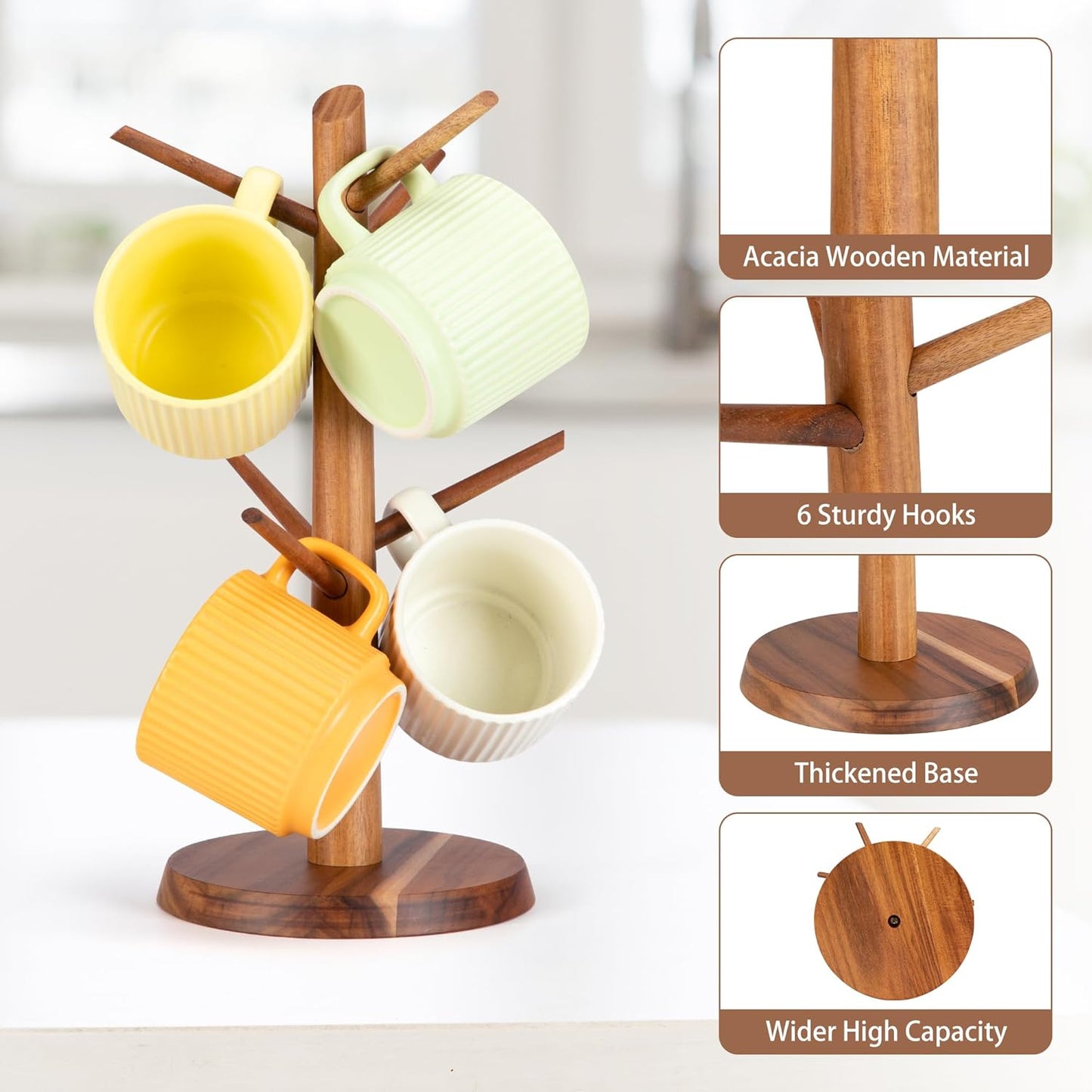 Acacia Wood Mug Holder Tree, 6 Hooks Wooden Mug Organizer for Kitchen Counter & Coffee Bar, Easy to Assemble, Natural Wood Color, Ideal for Small to Medium Mugs