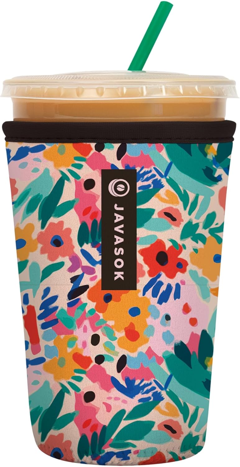 Sok It JavaSok Iced Coffee & Cold Soda Insulated Neoprene Cup Sleeve (Abstract Floral, Medium: 22-28oz)