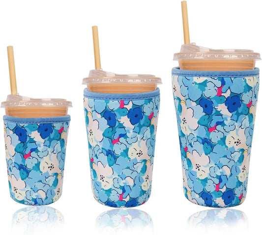 Reusable Insulated Neoprene Iced Coffee Cup Sleeve, Durable Drink Sleeve for Cold Beverages, Beverage Holder for Iced Coffee, Misty Blossom