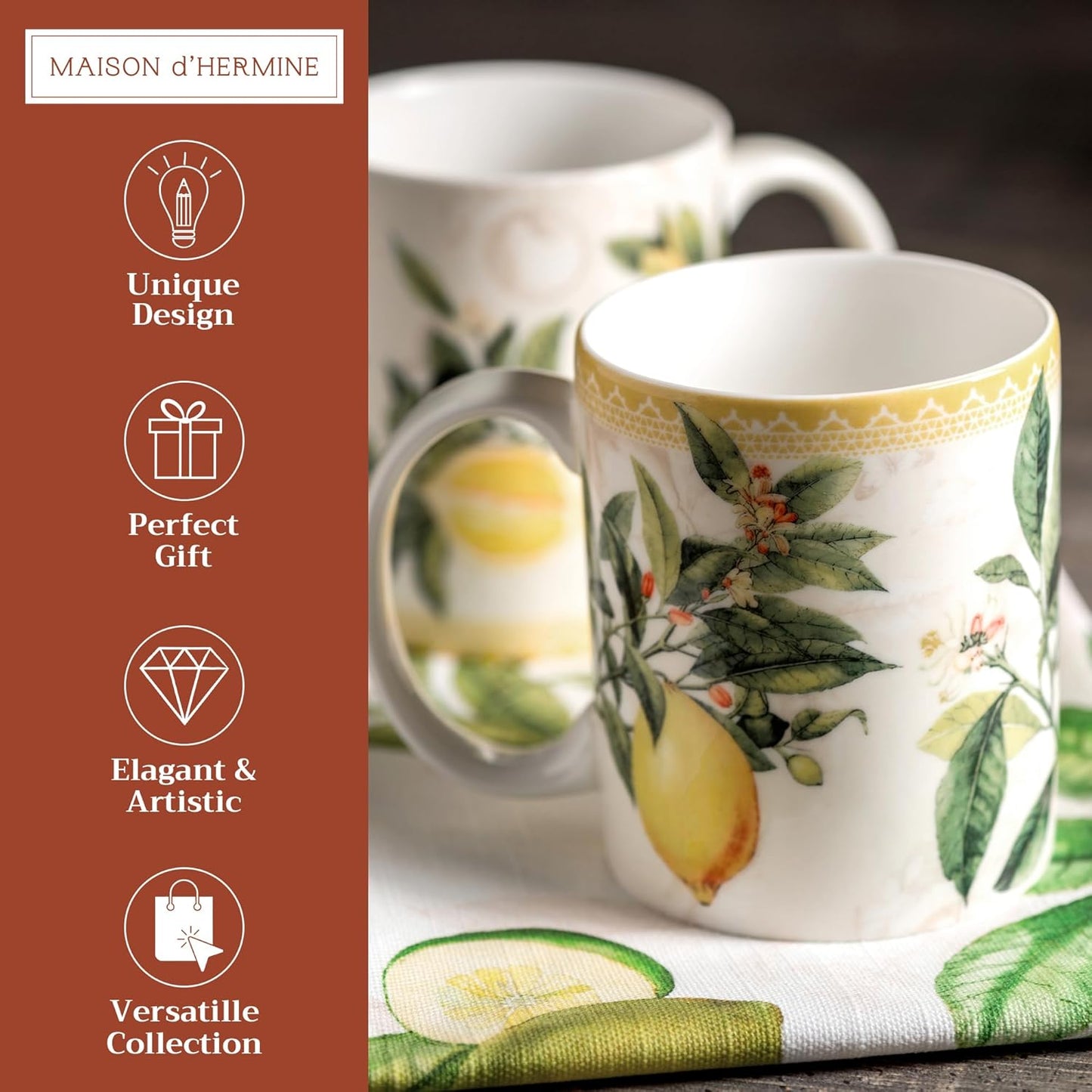 Maison d' Hermine Coffee Mug with Handles Fine Bone China Mugs Pack of Two Tea Cups for Hot Beverages Cappuccino Latte Home Restaurant Office Perfect for Gift (Limoncello, 15 Ounce)