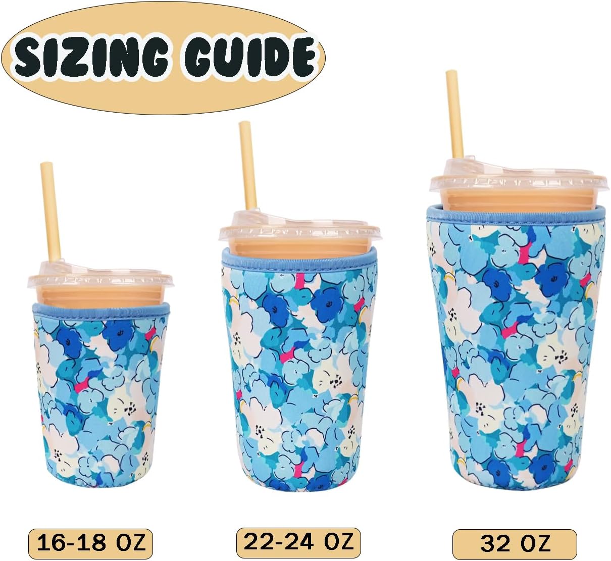 Reusable Insulated Neoprene Iced Coffee Cup Sleeve, Durable Drink Sleeve for Cold Beverages, Beverage Holder for Iced Coffee, Misty Blossom