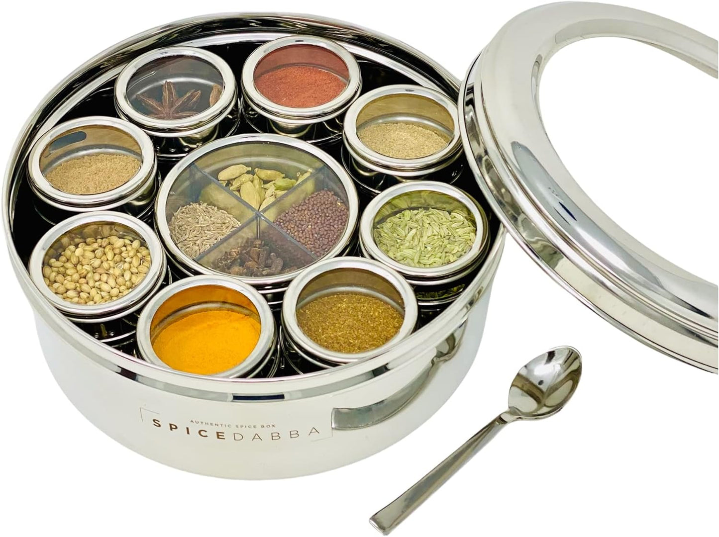 spice dabba Stainless Steel Indian Spice Box,Steel Masala Dabba 12 Spices,Lid Spice Box,Authentic Spices,Masala Box with Individual containers|Size 9 x 9 x 3 IN 3 LB (Indian Spice Box with Spices)