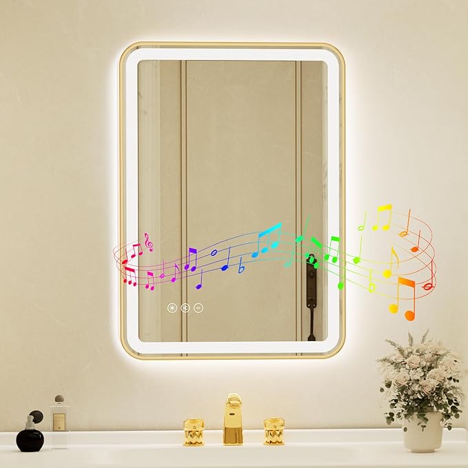 24x32 Inch Gold Framed LED Bathroom Mirror by Unknown