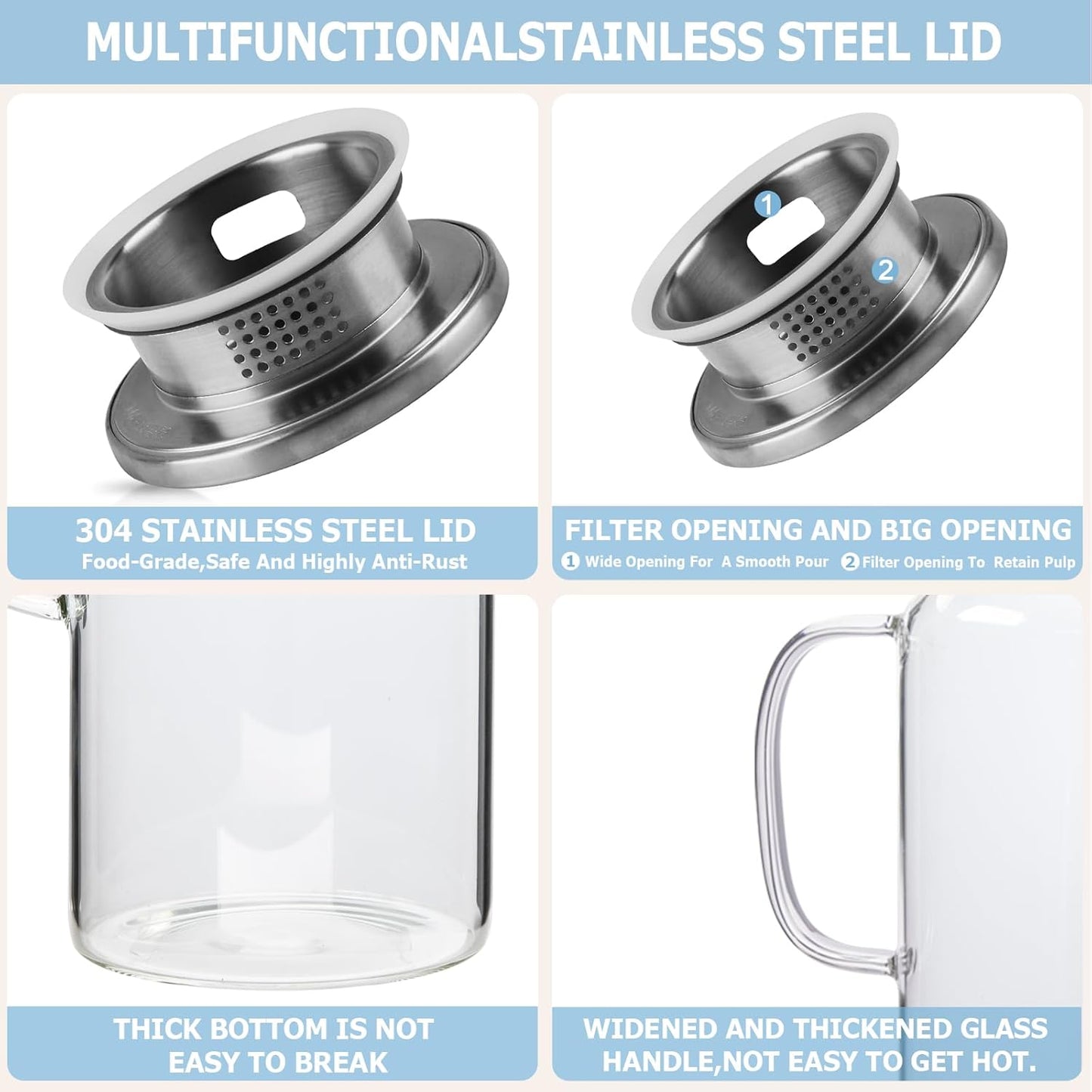 Yirilan Glass Pitcher, 2.3 Liter Water Pitcher with Lid, Beverage Pitchers for Hot, Cold Water, Iced Tea and Juice Drink with Cup Brush