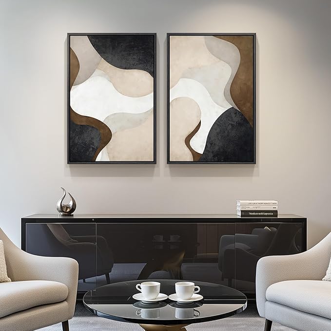 Framed Neutral Abstract Minimalist Wall Art Set of 2, Modern Canvas Prints - Image 4