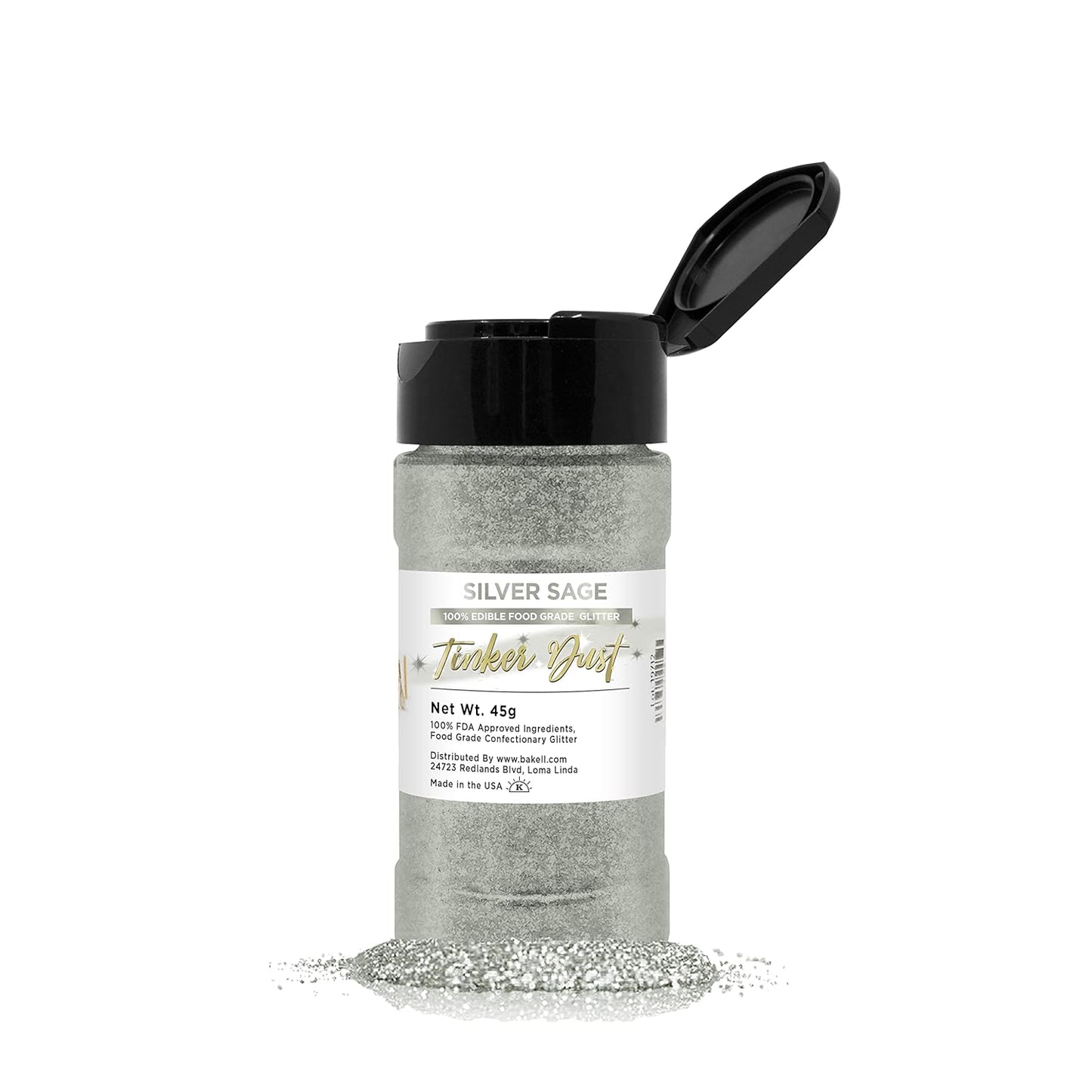 Silver Sage BAKELL Edible Glitter, 45 Grams | TINKER DUST Edible Glitter | KOSHER Certified | 100% Edible Glitter | Cakes, Cupcakes, Cake Pops, Drinks, Dessert Vegan Glitter & Dusts (45g Shaker, Silver Sage)
