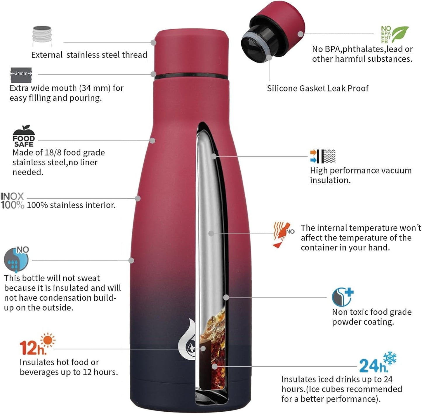 BJPKPK Insulated Water Bottle 12oz Small Stainless Steel Water Bottles Reusable Metal Thermos Keep Cold and Hot,Charming Black Red
