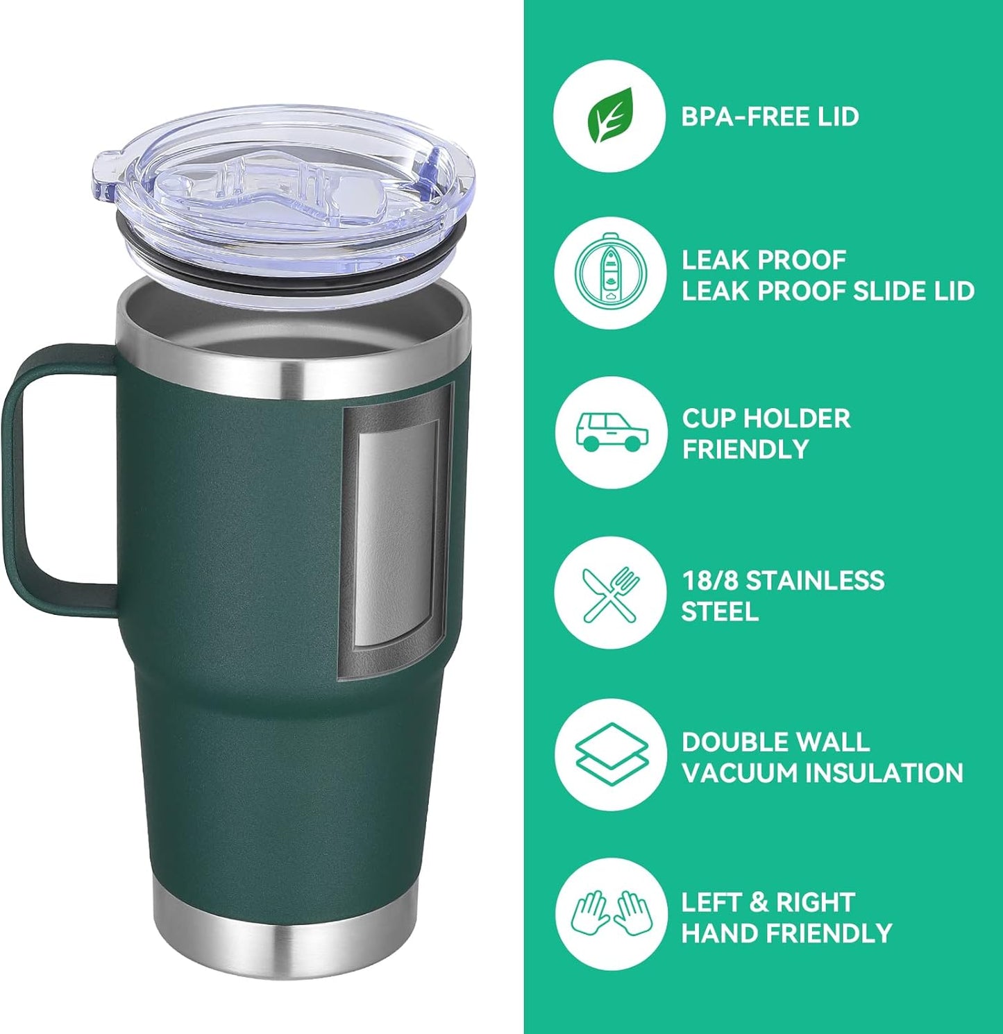 VEGOND 20 oz Tumbler Bulk with Handle Lid and Straw, Stainless Steel Insulated Travel Coffee Mug Set, Spill Proof Double Wall Metal Tumblers Cups, Dark Green 12 Pack